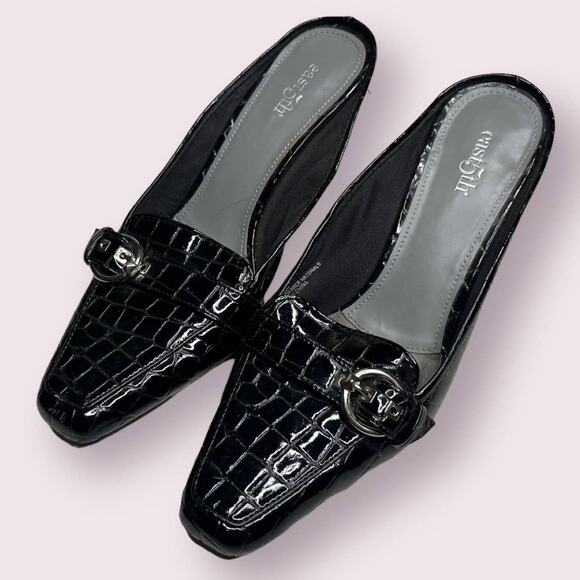 Easy 5th Crocodile Buckle Vintage Black Crocodile Kitten Slip On Mule Heels - Picture 1 of 7